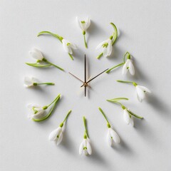 A creative clock face crafted from delicate white flowers, hands in the center, on a white backdrop