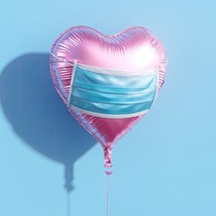 Pink heart-shaped balloon wearing a blue face mask, casting a shadow on a blue background