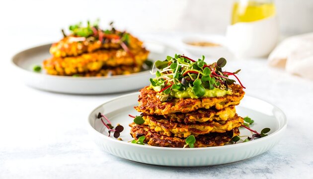 Stack of Savory Pancakes with Fresh Microgreens on a White Plate