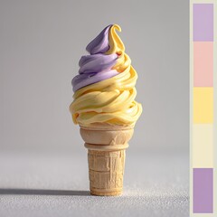 A soft-serve ice cream swirl in lavender and yellow atop a waffle cone