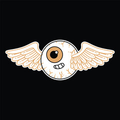 A playful cartoon illustration of a white eyeball with a brown iris and a smiling mouth, adorned with light-colored wings on either side, suggesting flight or freedom. Eyeball Wings Retro Mascot.