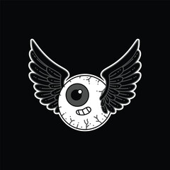 A whimsical cartoon eyeball with a happy expression and outstretched wings, rendered in a playful, illustrative style. Eyeball Wings Retro Mascot.