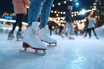 People skating on an ice rink with colorful lights in the background