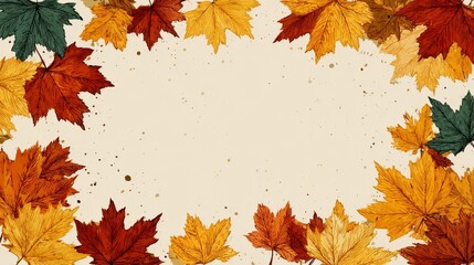 Fototapeta premium Thin decorative frame with colorful hand drawn maple leaves in cartoon style, isolated on pure white background, autumn theme, cozy seasonal design, whimsical illustration