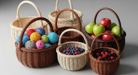 Several woven baskets, each filled with different items like colorful yarn balls, ripe red and green apples, and fresh berries, are arranged against a neutral backdrop, creating a vibrant and...