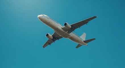 Obraz premium Commercial airplane ascending into a clear blue sky on a sunny day