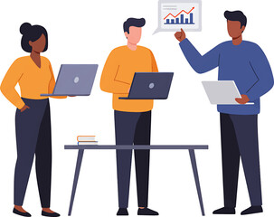 Obraz premium Three Diverse Professionals Collaborating with Laptops and Data Analysis.