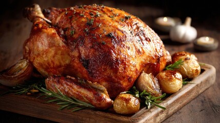 Delicious Roast Turkey with Herbs and Vegetables on Wooden Table