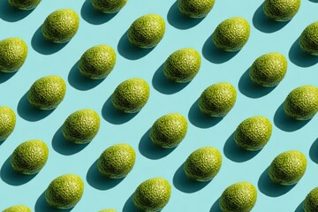 Symmetrical pattern of green citrus fruits with shadows against a vibrant light blue backdrop