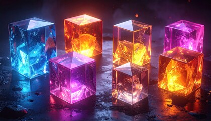 Glowing crystalline cubes cast colorful light on dark surface