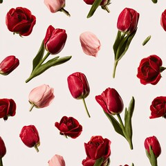 Floral pattern featuring red roses, tulips, and loose petals scattered on a neutral background
