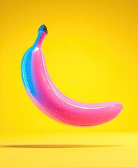 A vibrant banana levitates against a bright yellow backdrop, with colorful gradients