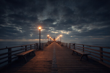 Fototapeta premium Serene pier at dusk with cloudy sky and glowing lights