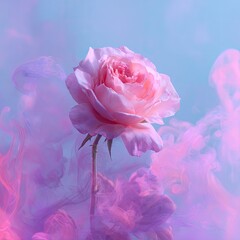 A delicate pink rose surrounded by colorful, swirling smoke on a soft blue backdrop