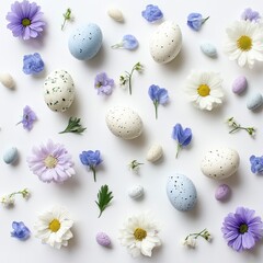 Overhead shot of Easter eggs & colorful flowers scattered on a white surface