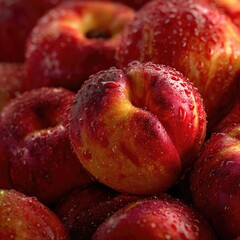 Close-up of juicy nectarines.  Many plump, vibrant red nectarines are clustered together, glistening with water droplets.  A rich, warm glow highlights the fruit