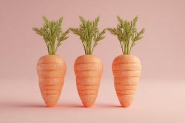 Three identical carrots, stems and leaves, stand against a soft pink background