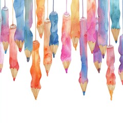 Watercolor painting depicts suspended, colorful pencils with softened edges against a white backdrop