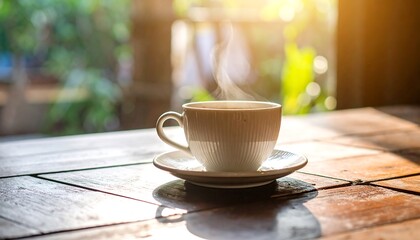 Fototapeta premium Steaming Coffee Cup on Wooden Table with Natural Light