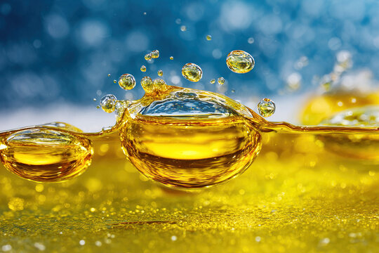Close-up view of golden oil droplets splashing in liquid - Powered by Adobe