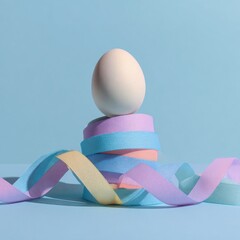 A single egg perched atop colorful, swirling ribbons against a light blue background