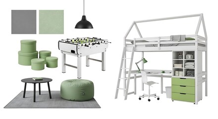 Fototapeta premium Playful Kids Room Interior with Loft Bed, Foosball Table, and Green Accents