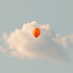 A solitary orange balloon floats against a fluffy white cloud in a light blue sky