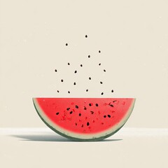 Half a watermelon slice with falling seeds against a light beige background