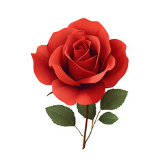 Single red rose with green leaves isolated on transparent background