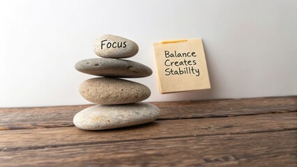 Stacked Stones with Focus Word and Note on Balance Creates Stability for Mindfulness and Meditation Concepts