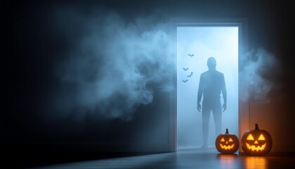 Spooky Halloween Night Background with Silhouette Figure in Doorway and Jack-o'-Lanterns