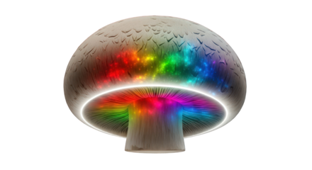 A realistic mushroom with a glowing rainbow-colored underside on a greenscreen background.