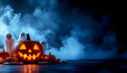 Dark Halloween Background with Glowing Jack-o'-Lantern, Ghosts, and Blue Smoke