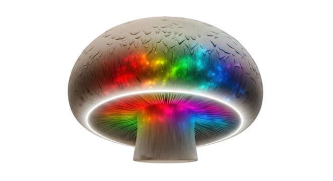 A realistic mushroom with a glowing rainbow-colored underside on a greenscreen background. - Powered by Adobe