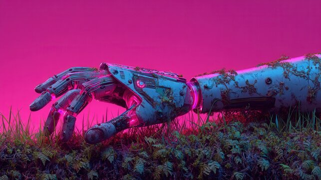 halloween technology concept. A robotic arm emerges from vibrant grass and soil, against a pink background.