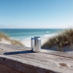 Aluminum can on weathered wooden railing overlooking ocean