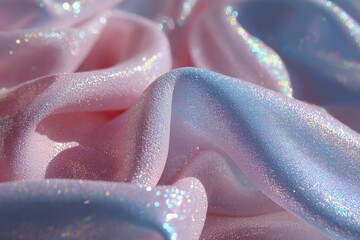 Close-up of layered, iridescent, pastel fabric folds, shimmering with glitter particles