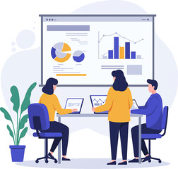 Business Team Analyzing Data on Screen and Laptops in Meeting.