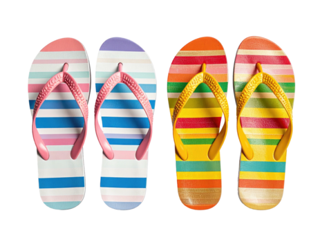 Colorful flip-flops in pairs, top view