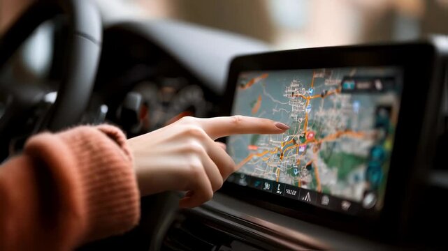 Close up view of a woman's hand using a modern car's infotainment system, setting a destination on the gps navigation map with the touchscreen display before starting her journey