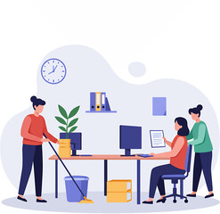 Office Cleaning and Teamwork Illustration with Mop and Documents.