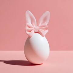 White egg with pink bow-shaped rabbit ears against a pink backdrop, casting a shadow