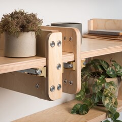 Close-up of a light-colored wooden shelf system.  Two shelves are joined by hinged brackets, allowing for adjustable positioning. Brass-colored hardware and a light-gray potted plant are visible