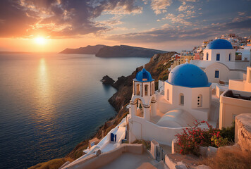 Experience the magic of Santorini at sunrise, with its iconic blue domes and stunning seascape, a dream travel destination for unforgettable memories