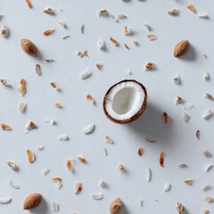 A white surface scattered with shredded coconut, almonds, and a halved coconut shell