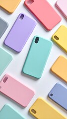 Colorful phone cases scattered on a clean, white surface
