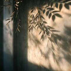 Sunlight casts leaf shadows on a textured wall