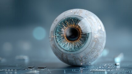 halloween technology concept. Futuristic eye with digital circuit patterns on a blue background.