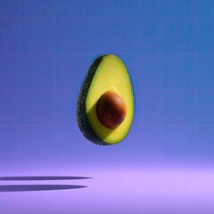 A levitating avocado half, pit visible, with vibrant light and shadow against a gradient backdrop