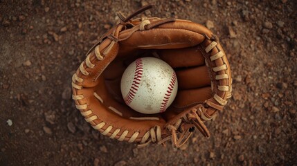 Baseball action shot in the dirt close-up of a glove and ball outdoor sports environment